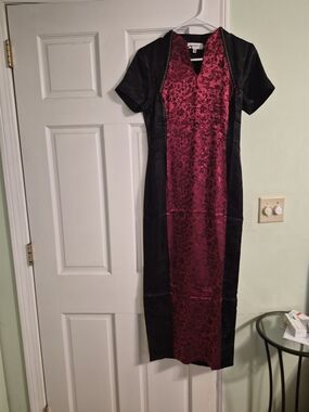 Black and Burgundy Satin Cheongsam-Style Evening Dress, Never Worn.